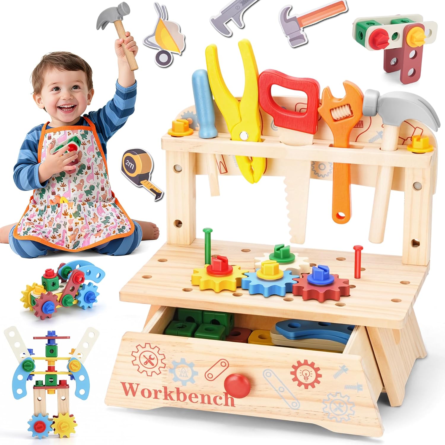 Gardening Tools Toddler - مقعد أدوات خشبية للأطفال، لعبة بناء